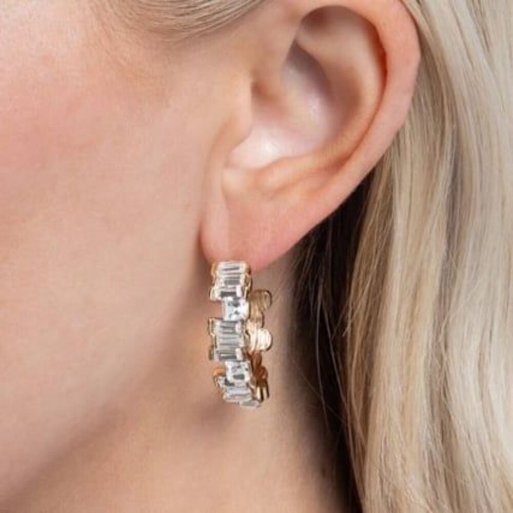 3/$20 Paparazzi Fashionably Framed Rhinestone Baguette Hoop Earrings Gold Large